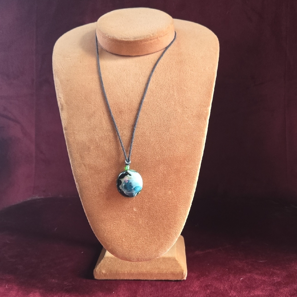 Vintage Green And Blue Blown Glass Pendant On A Fabric Cord Necklace 💫